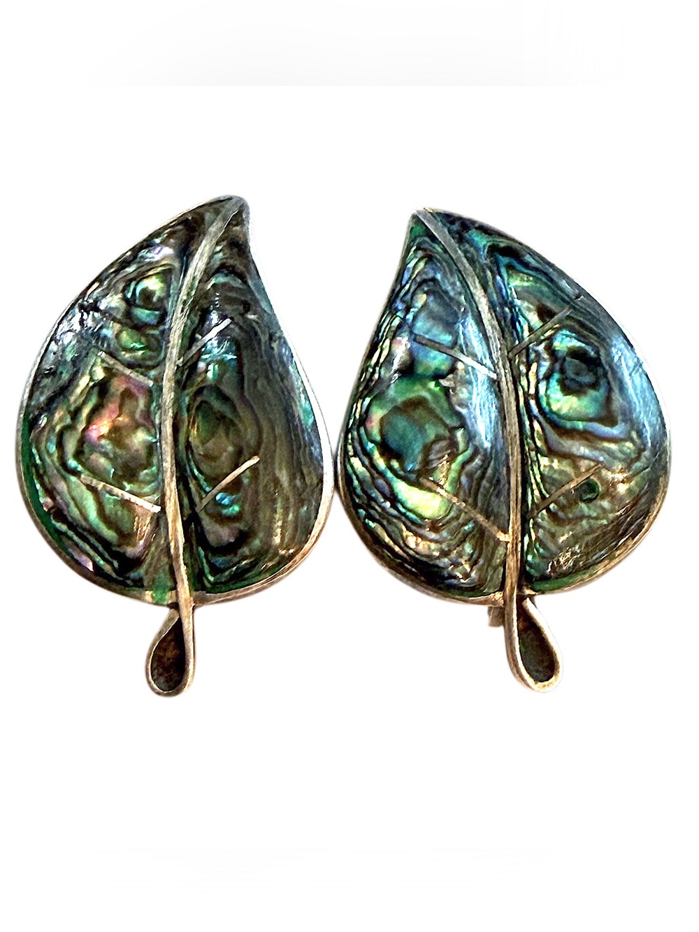 Antique 1940s TAXCO Sterling Silver Abalone Leaf Earrings iridescent Screwback